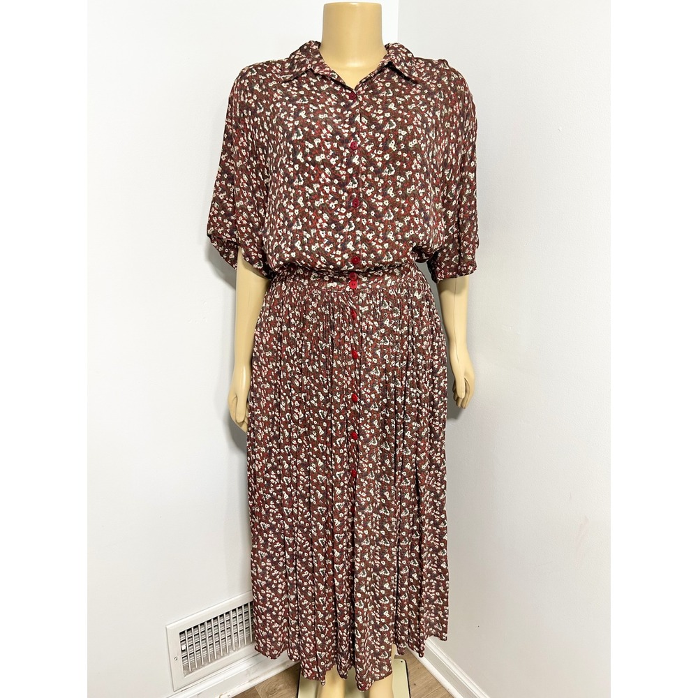 VINTAGE Jane Ashley Burgundy Floral Two Piece Shirt and Pleated Midi Skirt ML